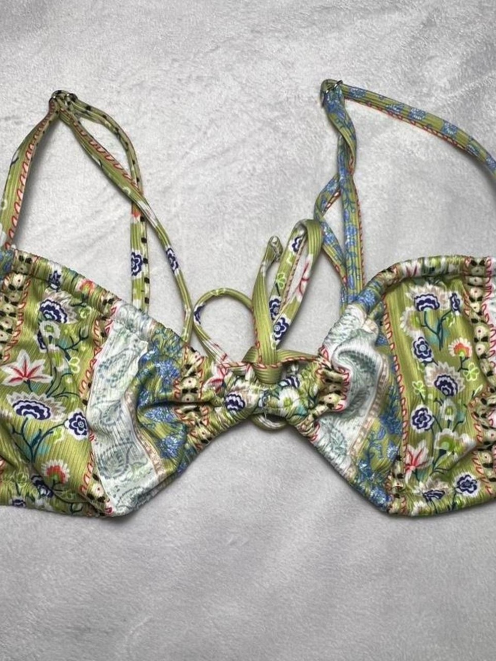 Green Floral Bikini Top with Ring Detail